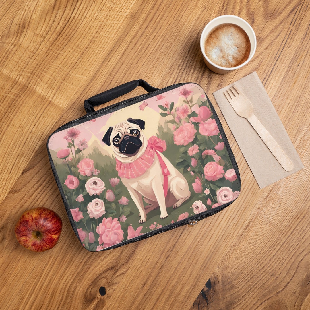 Flowers and Pug Lunch Bag, Botanical Mops Lunch Tote, Cute Floral and