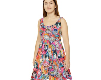 Retro Cats pattern Dress, Hipster cats Women's Skater Dress, groovy cat pattern dress, Skater Dress for Women Cat Print dress cat lover gift