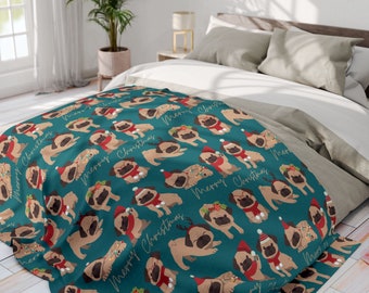 Festive Pug Christmas Arctic Fleece Blanket, Cute Mops Merry Xmas Throw Blanket, Cute pug Housewarming Gift, Cozy Pug Christmas home decor