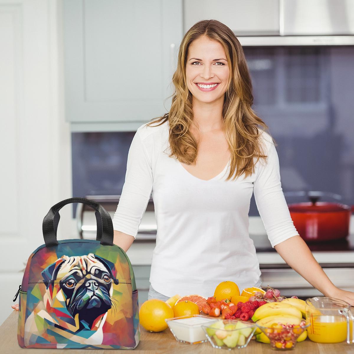 Abstract Pug Lunch Bag, Colorful Pug Insulated Lunch Bag With Side  display picture 1