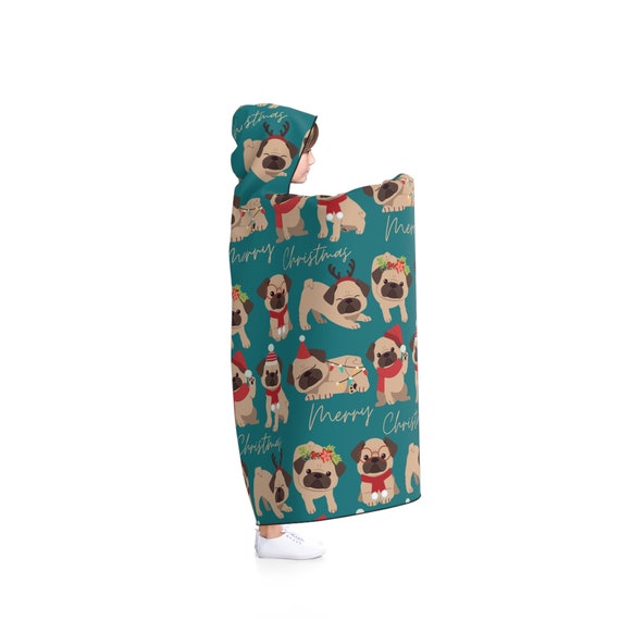 Christmas Pug Hooded Blanket, Holiday Pug Hoodie Blanket, Winter