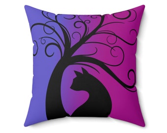 Black Cat tree Pillow , Black Cats and tree Pillow, Black Cat Halloween gift, gothic Pillow, mystic Spun Polyester Square Pillow