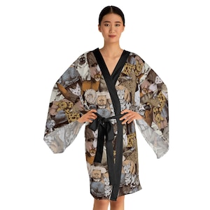 Vintage Cats Kimono Robe, Japanese Style Robe kimono, Cat Lover Gift, Vintage Long Robe, Cat Print Kimono, Boho Robe, vintage loungewear