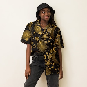 Celestial Unisex button shirt, whimsical oxford shirt, mystical Button-Down shirt, Celestial Hawaiian Shirt, Astrology button up shirt