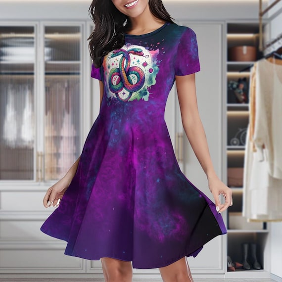 galaxy print skater dress Galaxy Print Cap Sleeve Fit and Flare Skater Skate Dress