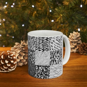 Black and white pattern Ceramic Mug 11oz, brush vector pattern tea cup, Abstract texture black and white coffee mug, gift for her