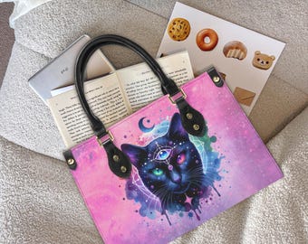 Mystical Black Cat Handbag, Third Eye Spiritual Purse, Cosmic Witchy Aesthetic Tote bag, astrology handbag, vintage handbag, black cat gifts