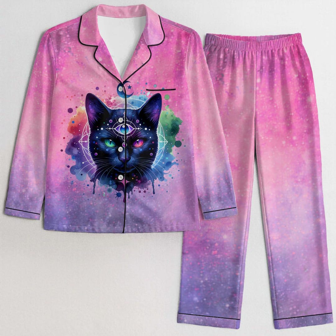 Mystical Black Cat Satin Pajama Set for Women, Cosmic Galaxy Sleepwear ...