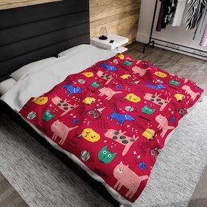 Velveteen Plush Blanket with Cat Pattern, Cat Soft Bed Throw, Cozy Sofa Cover, Cat Lover Gift, Cat Print Bedding, Cute blanket, cozy throw