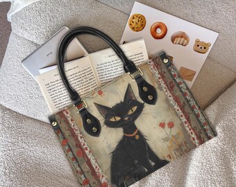 Floral Black Cat Kisslock Purse | Vintage Embroidered Cat Bag With