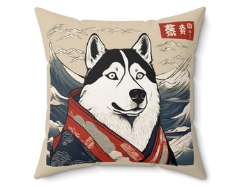 シベリアンハスキーの日本のアート枕、面白い浮世絵風クッション