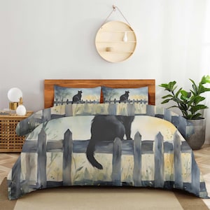Black Cat Duvet Cover Set, Cozy 3-Piece Bedding Set with Pillowcases, Artistic Cat Design Bedding Set, Celestial Duvet Cover Set, Bed set