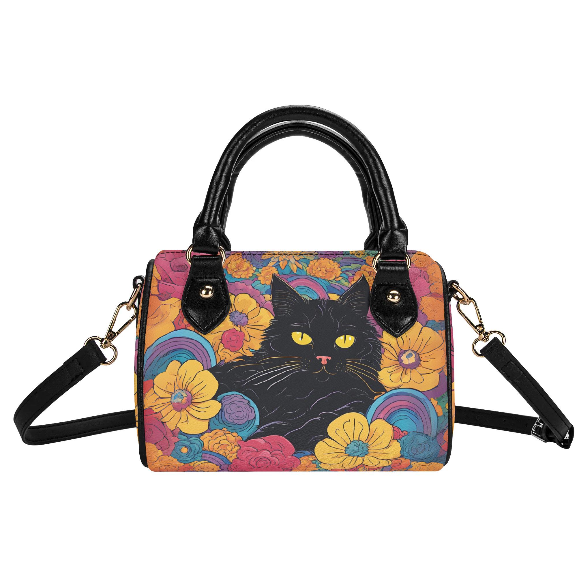 Boho Floral Black Cat Mini Boston Bag – Small PU Leather Satchel