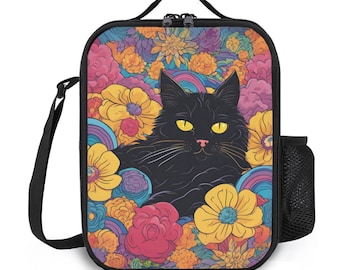 Bolsa térmica para almuerzo con diseño de gato negro floral / Bolsa para almuerzo con diseño de gato negro floral / Bolsa de picnic estilo cottagecore / Bolsa para almuerzo funcional y elegante para uso diario