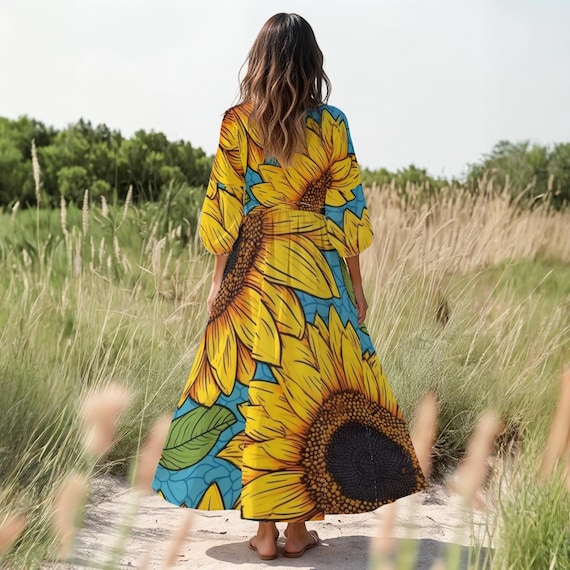 Sunflower Long Sleeve Maxi Dress for Women, High Waist Flowy A-line Dress,  Boho Floral Autumn Dress, Elegant Casual Nature Inspired Outfit - Etsy  Israel