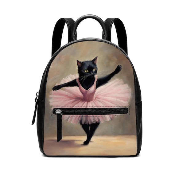 black leather cat backpack Ballerina Black Cat Backpack, Cute ballet dancer cat PU Leather Backpack,  Black Cat Lover Gift, Cat Ballet Dancer Backpack, Kawaii Backpack