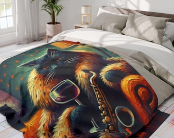 Jazz Cat Arctic Fleece Blanket, Cozy Home Décor, Cat Lover Gift, Cat-Themed Blanket, Unique Cat Blanket, Cat Throw Blanket, Vintage Blanket