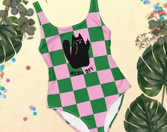 Checkered funny black cat middle finger One-Piece Swimsuit, cute swimsuit, kawaii swimwear, Trendy Swimsuit, cat lover gift, cat mom gift