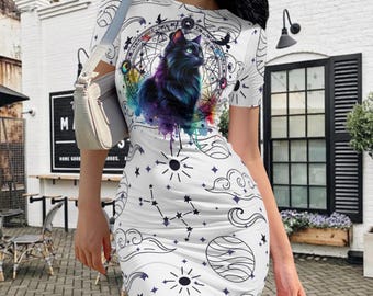 Mystical Black Cat Dress, Celestial Bodycon Mini Dress, Witchy Dress, magical bodycon mini dress, whimsical dress, moon and stars dress