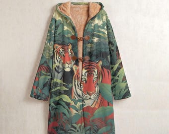 Japanese Tigers Long Fleece Windbreaker Coat, Exotic Tiger Jungle Hooded Coat, Traditional East Asian Art Lined Parka, Tigers Kimono Coat