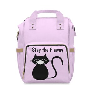 Black cat wearing mask says Stay the F away Multifunctional Backpack, funny cat school backpack, back to school bag, cat lover gift