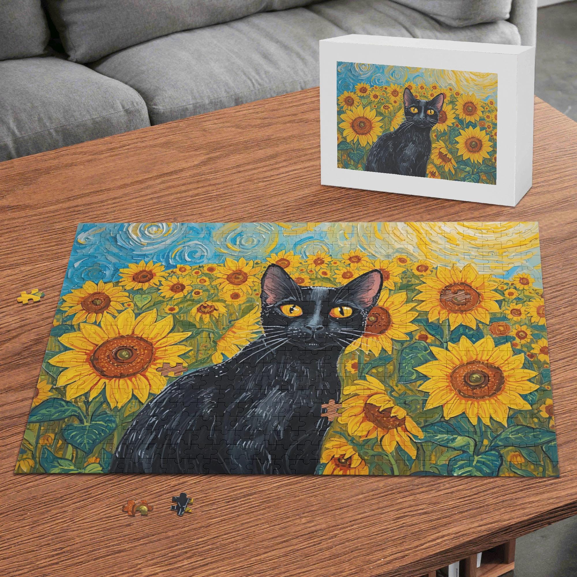 ハル　黒猫ちゃんとひまわり 黒猫ひまわりジグソーパズル 500ピース カラフルな猫アートパズル