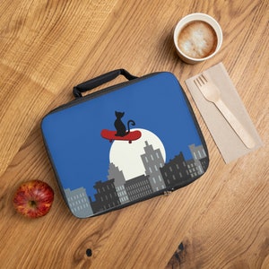 Black Cat on skateboard Lunch Bag, urban stray cat picnic bag, cool cat lunch tote, back to school gift, cat lover gift, cat owner gift