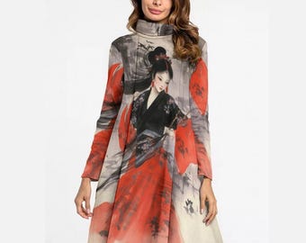 Japanese Geisha Ink Art High Neck Dress, Vintage Ukiyo-e Kimono Graphic Dress, Sumi-e Long Sleeve Dress, Elegant Asian Turtleneck Dress