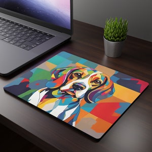 May include: A colorful abstract design of a beagle dog on a mouse pad. The dog's fur is a mix of bright colors, including red, yellow, blue, and green. The background is a mix of geometric shapes in various colors.