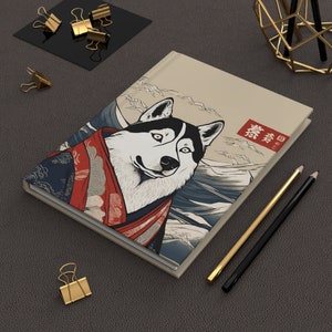 Funny Siberian Husky japanese art Hardcover Journal, Cute Ukiyo-e style notebook, alaskan malamute japan aesthetic journal, back to school image 1