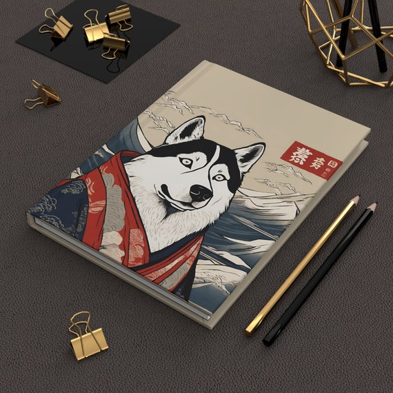 Funny Siberian Husky japanese art Hardcover Journal, Cute Ukiyo-e style notebook, alaskan malamute japan aesthetic journal, back to school