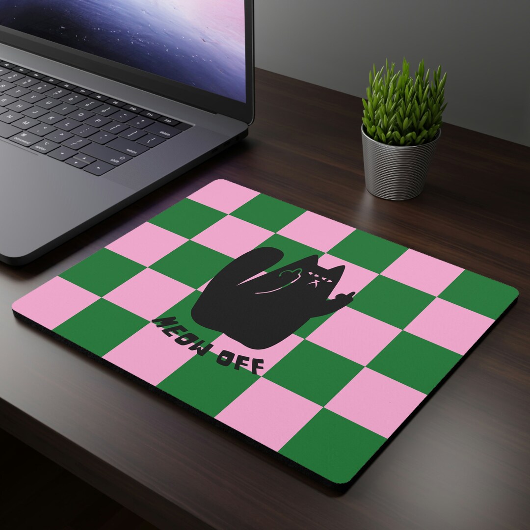 Checkered Cat Pointing Middle Finger Mouse Pad, Kawaii Mousepad, Funny