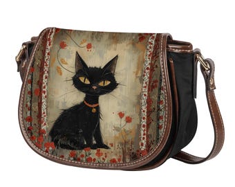 Mystical Black Cat Saddle Bag, Dark Cottagecore Vintage Floral Crossbody Purse, Whimsical Gothic Cat Shoulder Bag, Witchy Victorian Art Bag