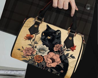 Black Cat Vintage Boston Bag, Floral Rose Dark Academia Barrel Bag, Celestial Witchy Satchel, Vintage Crossbody Handbag, Cat Shoulder Purse