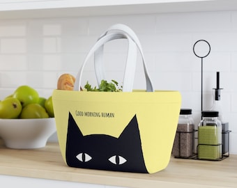 Black Cat zegt Good Morning Human Lunch Bag, kattenliefhebber cadeau, terug naar school, grappige lunchtas herbruikbare lunchtas school kat kinderen lunchtas