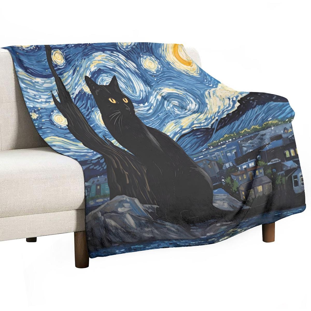 ゴッホの星月夜黒猫ブランケット、星月夜フリースフランネルスロー
