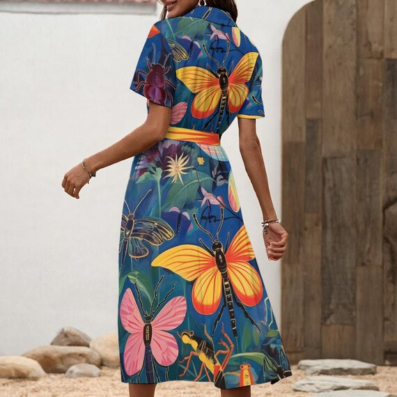 dragonfly garden midi dress Enchanted Dragonfly Shirt Dress, Vibrant Insect Button Down Dress, Tropical Garden  Midi Dress With Waist Tie Colorful Dragonfly Summer Dress
