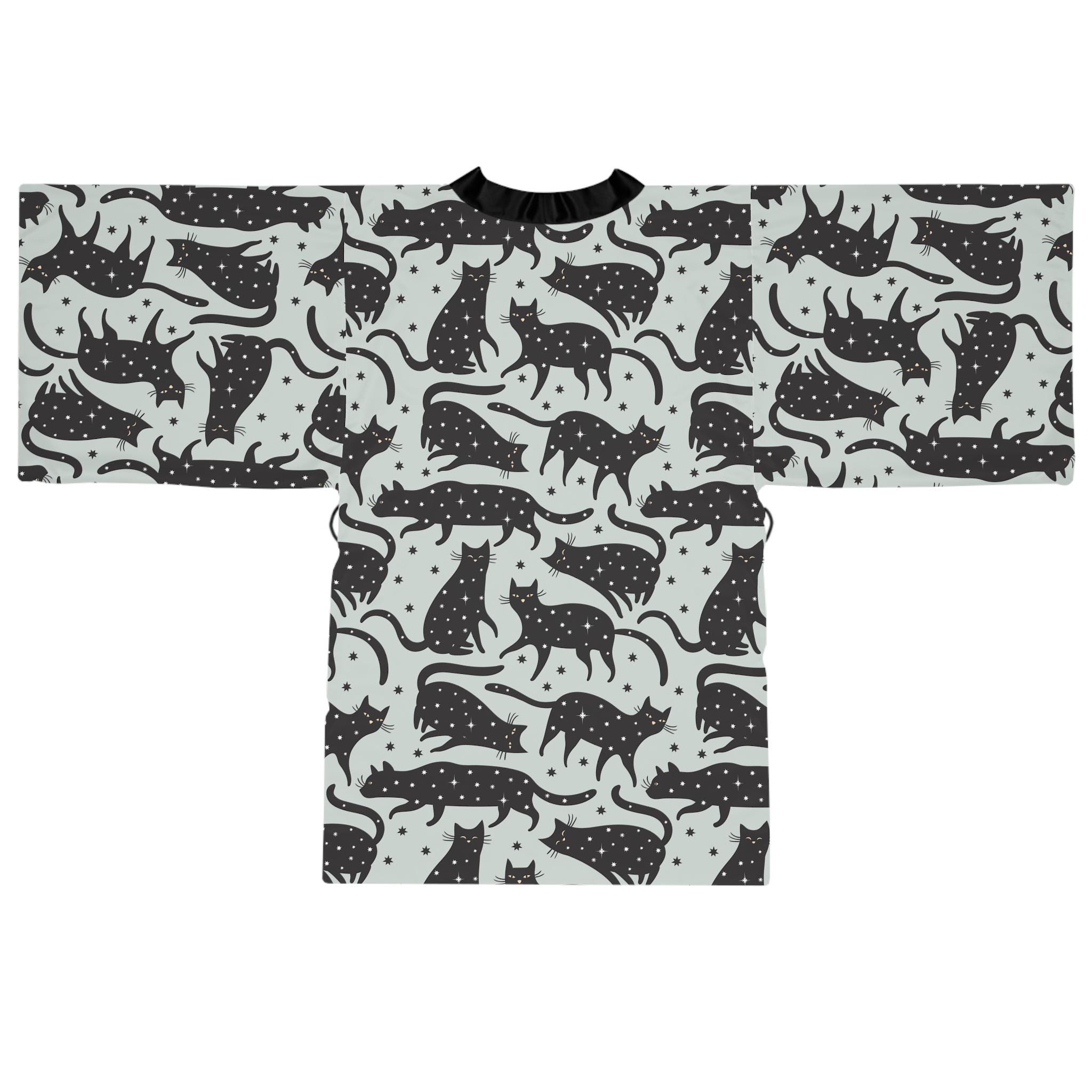Celestial Kimono Robe, Whimsical Cats Pattern Kimono, Mystical Long ...
