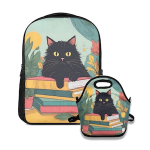 Ensemble sac à dos et sac à lunch chat et livres noirs | Joli cartable chat | fourre-tout isotherme à lunch | Sac à dos pour enfants | Cartable avec boîte à lunch