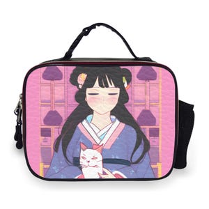 Anime girl in kimono and cat Lunch Bag, anime geisha and cat picnic Bag, kawaii cute back to school gift, Otaku Japanese culture Lunch tote