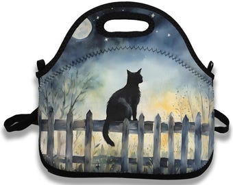 Grillige geïsoleerde lunchtas met zwarte kat | Leuke lunchtas voor katten | Celestial picknick lunchtas | Magische draagtas voor kattenpicknick | Cadeau zwarte kattenliefhebber