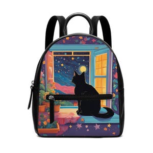 天空の黒猫バックパック、かわいい猫のPUレザーミニバックパック月星デザイン | 女性用マジカルキャットバックパック、気まぐれな猫バックパック