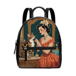 Vintage Lady and Cat Backpack | Retro PU Leather Bag with Bengal Cat Print | Cat Pin Up Fashion Backpack Gift | Cute Cat PU Leather Backpack