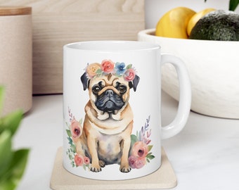 Blumen Mops Keramikbecher, Mops Aquarellbecher, Mops Kaffeetasse, Mops Geschenke, wunderliche Mops Tasse, niedliche Mops Teetasse, Kawaii Mops Becher