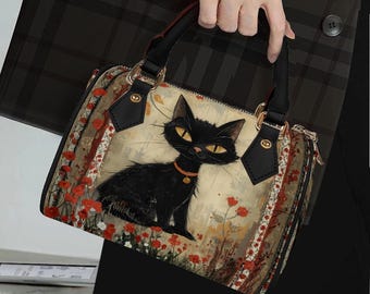 Black Cat Cottagecore Barrel Handbag, Cute Cat Vintage Floral PU Leather Boston Bag, Whimsical Cat Art Crossbody Purse, Black Cat Boston Bag