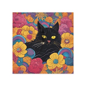 Könnte beinhalten: Quadratische Wanduhr mit einer schwarzen Katze mit gelben Augen, vor einem lebendigen Hintergrund aus bunten Blumen und Regenbogen. Die Uhrzeiger sind schwarz. Das Gesamtdesign ist skurril und künstlerisch.