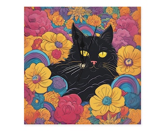 Floral Black Cat Wall Clock, Floral Cat Square Clock, Cute Cat Lover Gift, Modern Cat Decorative Clock, Black cat and flowers Wall Clock