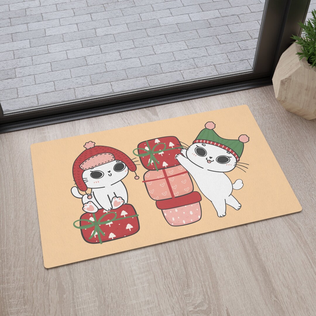 Cute Cats Christmas Floor Mat Kawaii Cats Merry Xmas Flooring Etsy
