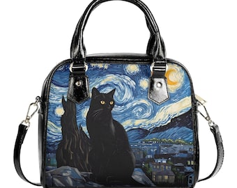 星空の夜の黒猫PUショルダーハンドバッグ、ゴッホの芸術にインスパイアされたフェイクレザーの財布、天体ストラップハンドバッグ、芸術的な猫好きへのギフト