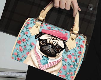 Preppy Pug Boston Bag, Cute Pug Barrel Bag, Vintage Floral Rose Satchel, Dapper Pug Crossbody Handbag, Whimsical Coquette Pug Shoulder Bag